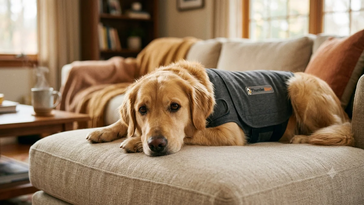 Golden retriever wearing a ThunderShirt, lying calmly on a couch